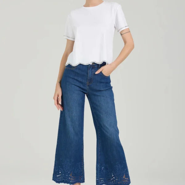 TAKE TWO pantaloni donna jeans flare cropped ricami FLORY DK02101 BLU SCURO estate 2026