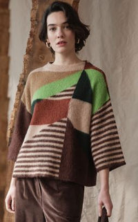 Thumbnail for FLOOR maglione donna lana manica 3/4 righe FI25 M97 841 265 BEIGE MARRONE VERDE inverno 2025