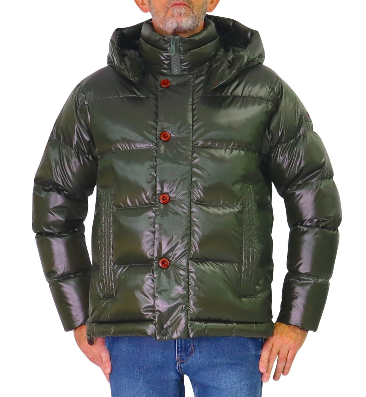 PEUTEREY giubbotto uomo piuma cangiante cappuccio JEMI KSG PEU559501181998 669 VERDE inverno 2025