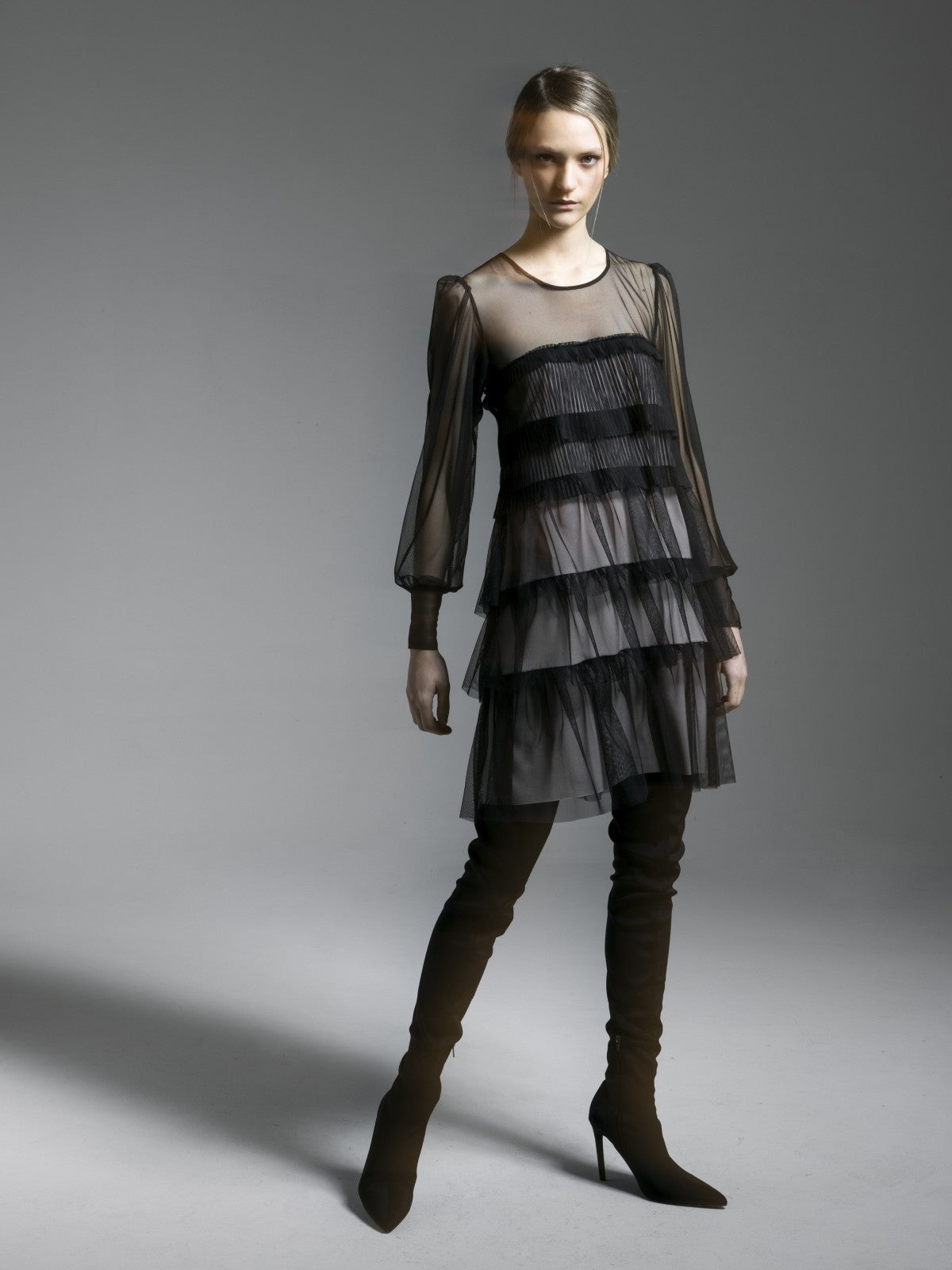 SANDRO FERRONE abito donna tulle corto balze S14YBDBASTIGLIA NERO inverno 2023