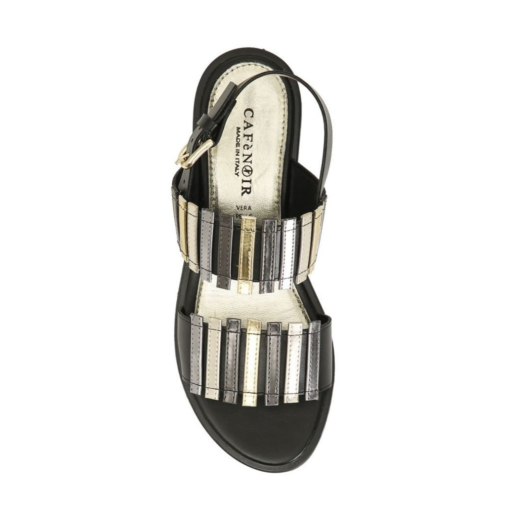 CAFèNOIR sandali donna flat due fasce C1GG9035 N007 NERO ORO ARGENTO estate 2024