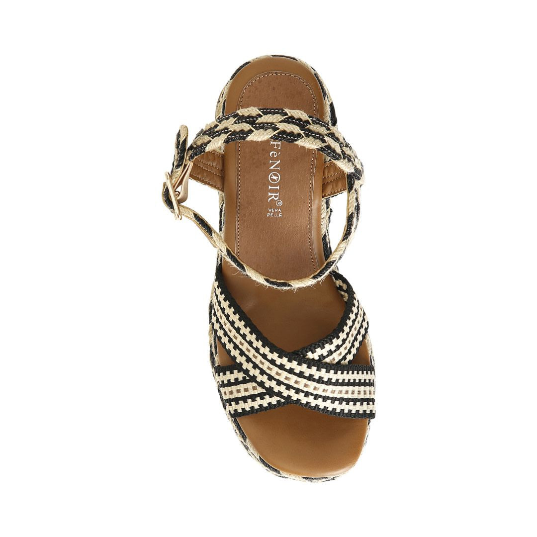 CAFèNOIR sandali donna tessuto zeppa cm.8 C1HF9000 N073 NERO BEIGE estate 2025