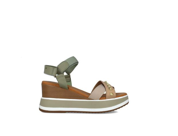 MENBUR sandali donna zeppa cm.7 25331 0023 VERDE BEIGE CUOIO estate 2024